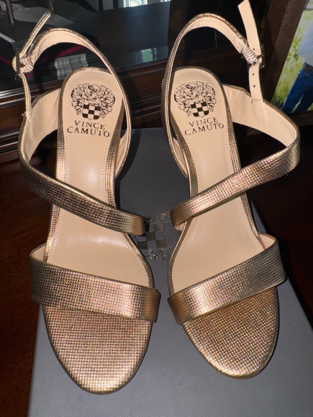 Vince Camuto Gold Metallic Crisscross Strap Stiletto Sandals